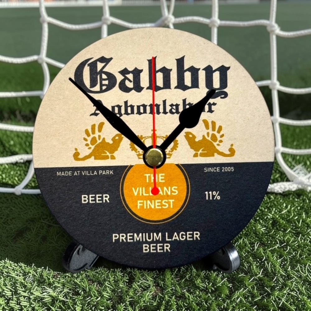 Aston Villa Novelty Upcycled Beer Mat Clocks With Display Stand – Gabby Agbonlahor