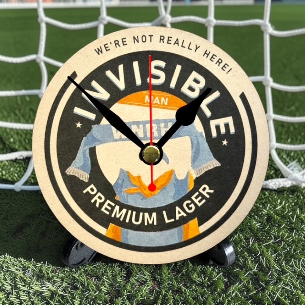 Manchester City Novelty Upcycled Beer Mat Clocks With Display Stand – Invisible Man