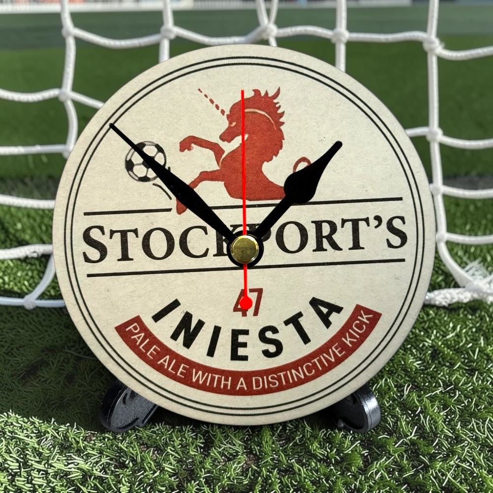 Manchester City Novelty Upcycled Beer Mat Clocks With Display Stand – Stockport's Iniesta