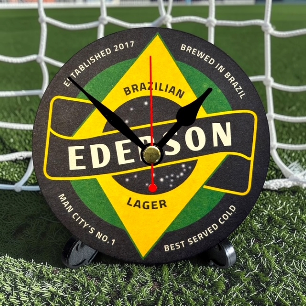 Manchester City Novelty Upcycled Beer Mat Clocks With Display Stand – Ederson