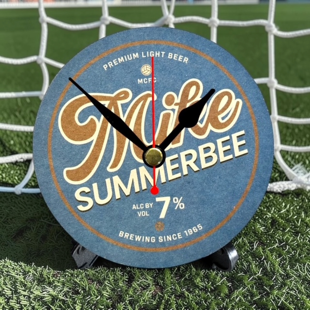 Manchester City Novelty Upcycled Beer Mat Clocks With Display Stand – Mike Summerbee