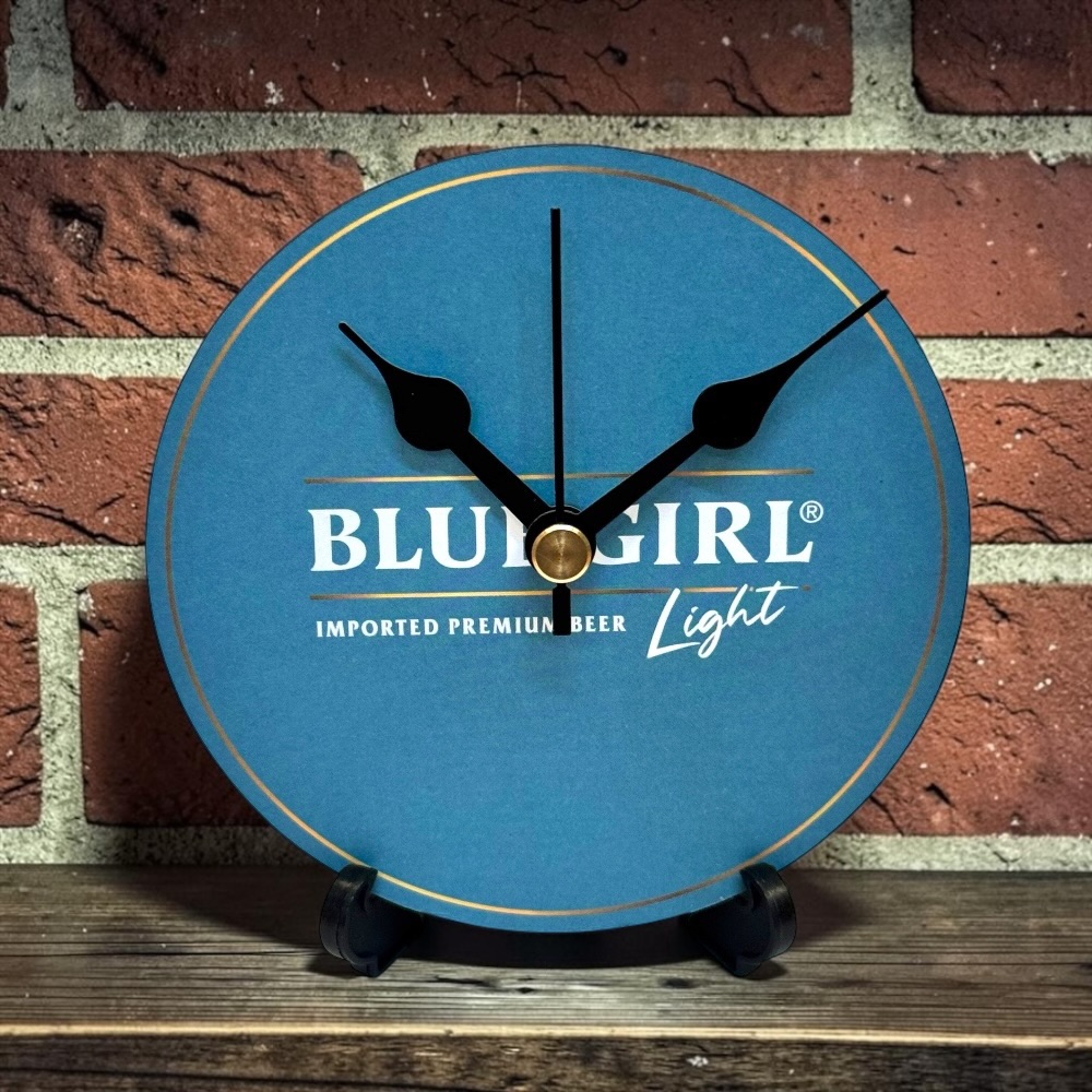 Novelty Beer Mat Clocks With Display Stand – Blue Girl