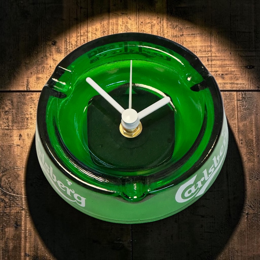 Handmade Upcycled Glass Carlsberg Novelty Ashtray Wall Clock Eco-Friendly Home Decor