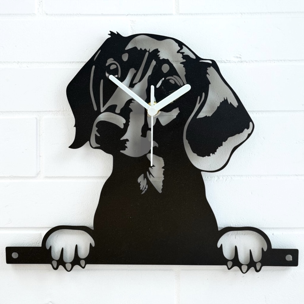 Black Metal Spaniel Dog Wall Clock with White Hands – Silent Movement, Pet Lover Timepiece