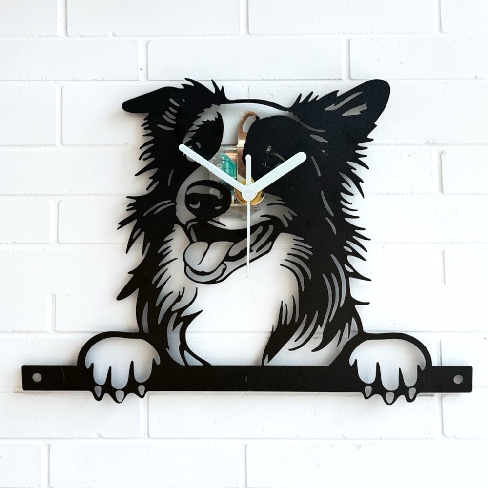 Black Metal Collie Dog Wall Clock with White Hands – Silent Movement, Pet Lover Timepiece