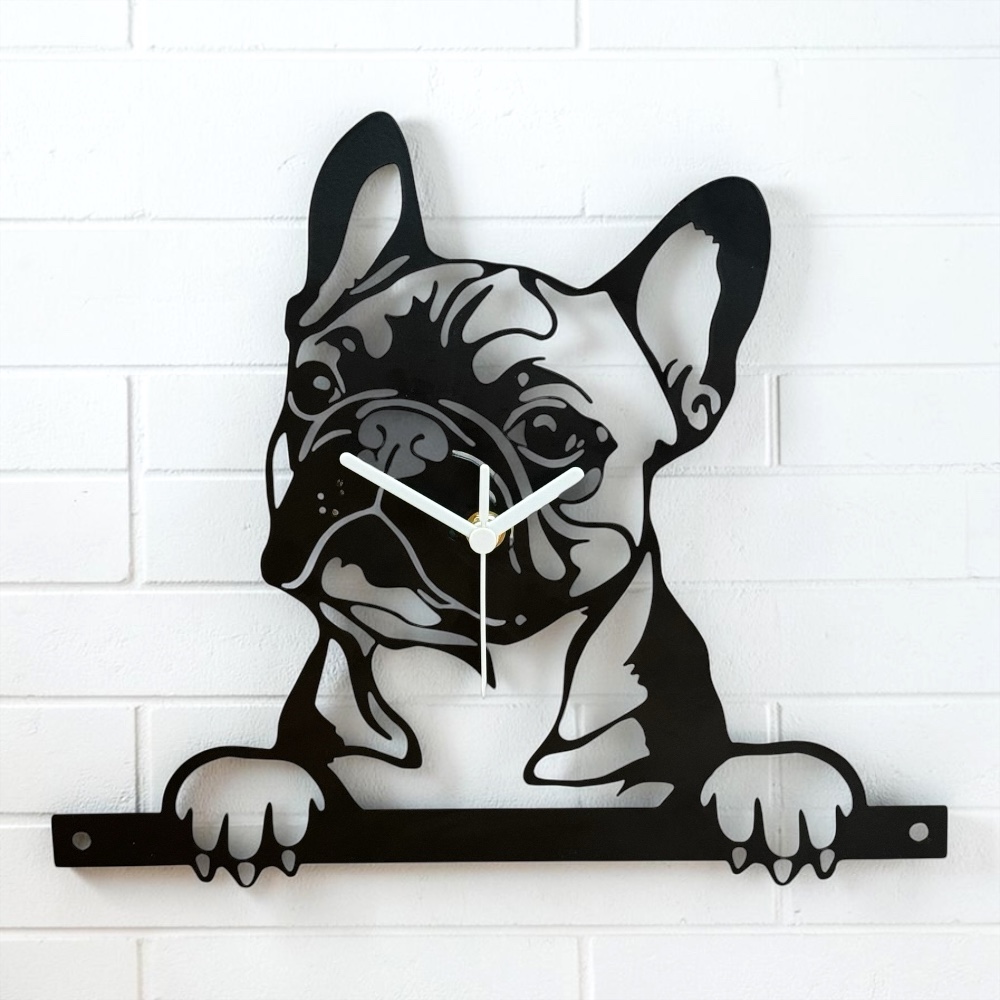 Black Metal Pug Dog Wall Clock with White Hands – Silent Movement, Pet Lover Timepiece