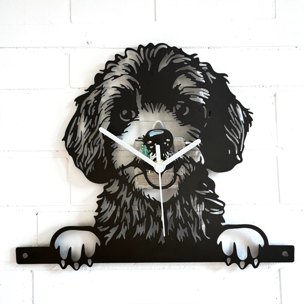Black Metal Cockapoo Dog Wall Clock with White Hands – Silent Movement, Pet Lover Timepiece