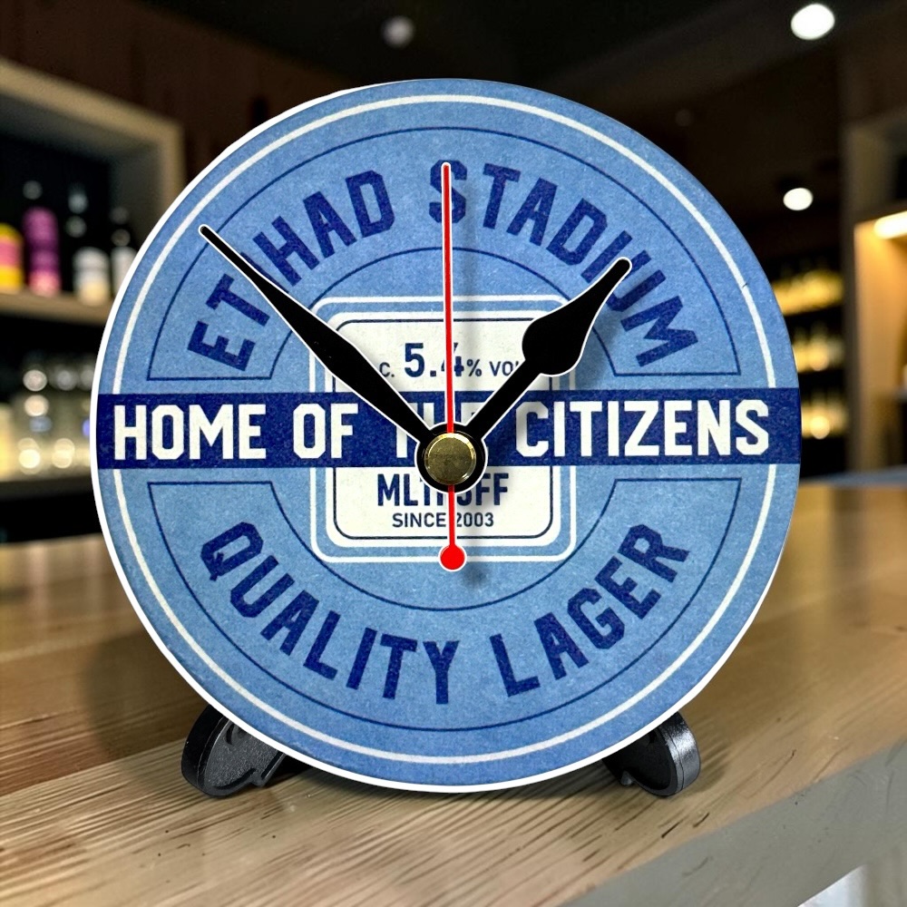 Manchester City Novelty Upcycled Beer Mat Clocks With Display Stand – Etihad Stadium