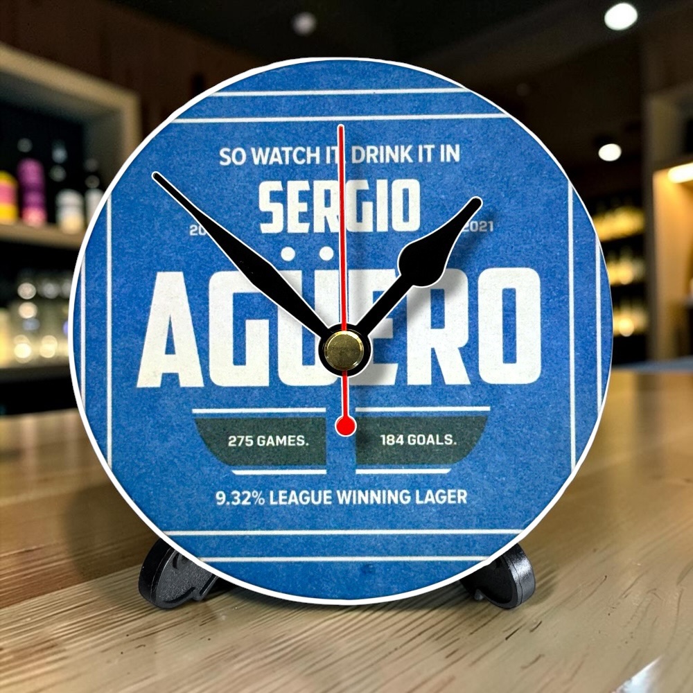 Manchester City Novelty Upcycled Beer Mat Clocks With Display Stand – Sergio Aguero