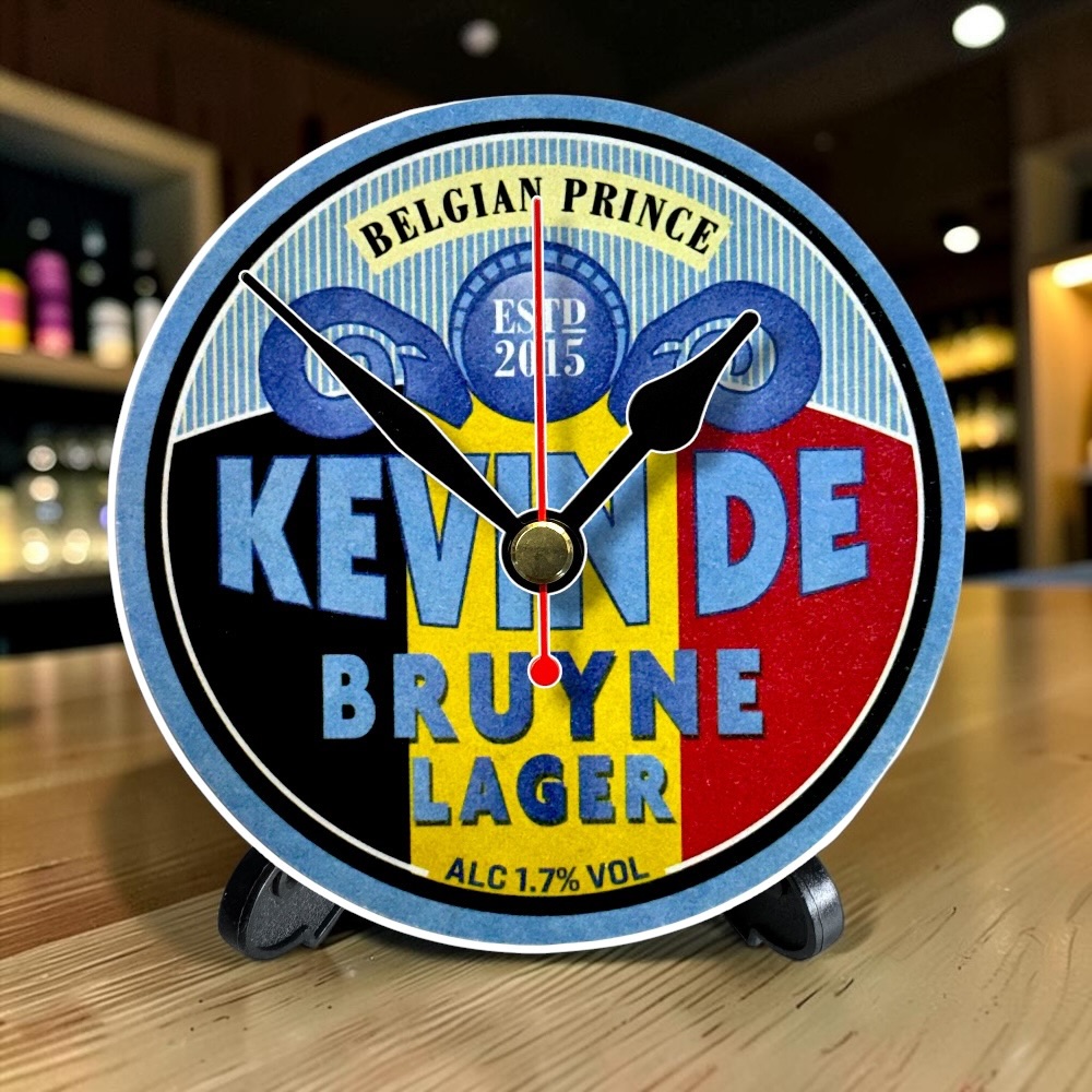Manchester City Novelty Upcycled Beer Mat Clocks With Display Stand – Kevin De Bruyne