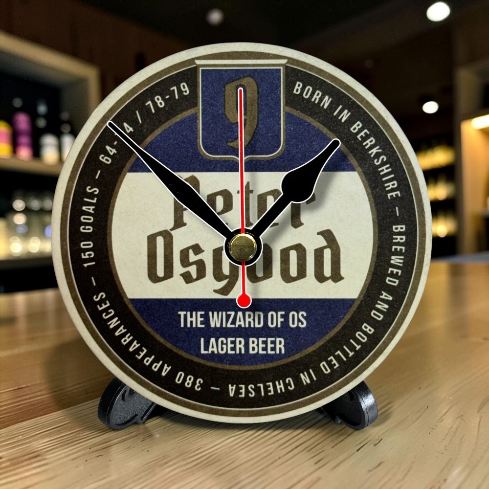 Chelsea Novelty Upcycled Beer Mat Clocks With Display Stand – Peter Osgood