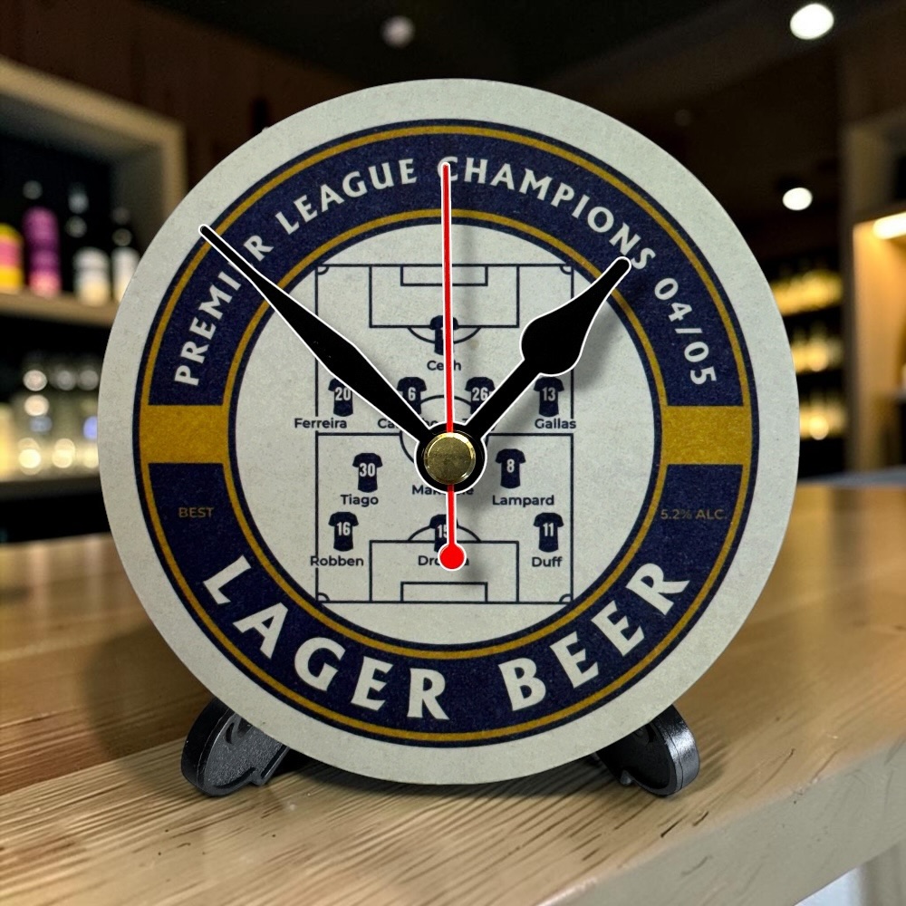 Chelsea Novelty Upcycled Beer Mat Clocks With Display Stand – Champions 04/05