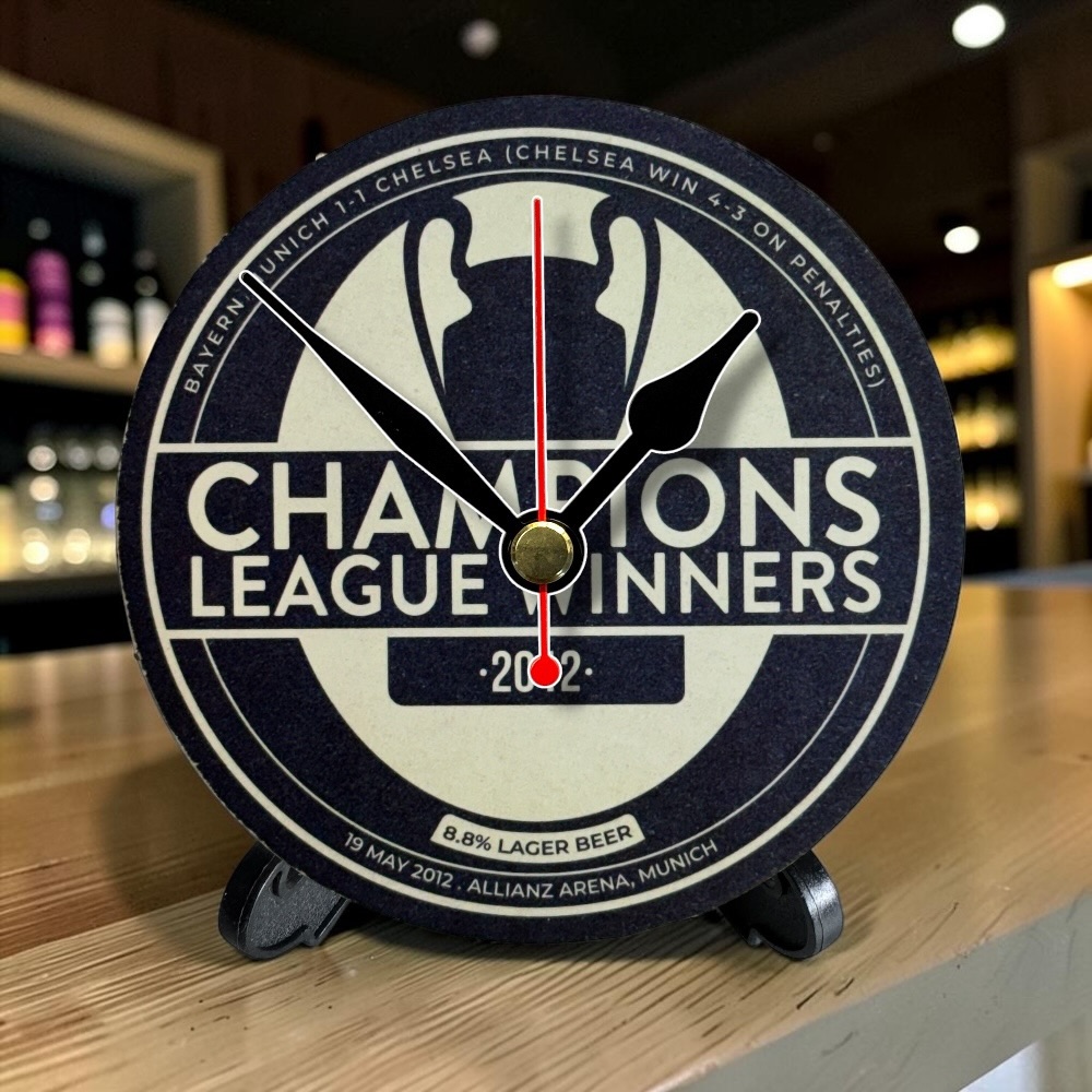 Chelsea Novelty Upcycled Beer Mat Clocks With Display Stand – Champions League Winners