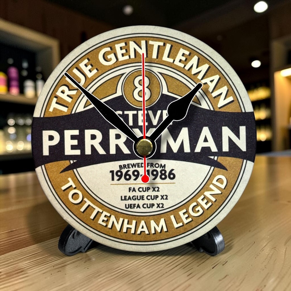 Tottenham Hotspur Novelty Upcycled Beer Mat Clocks With Display Stand – Steve Perryman