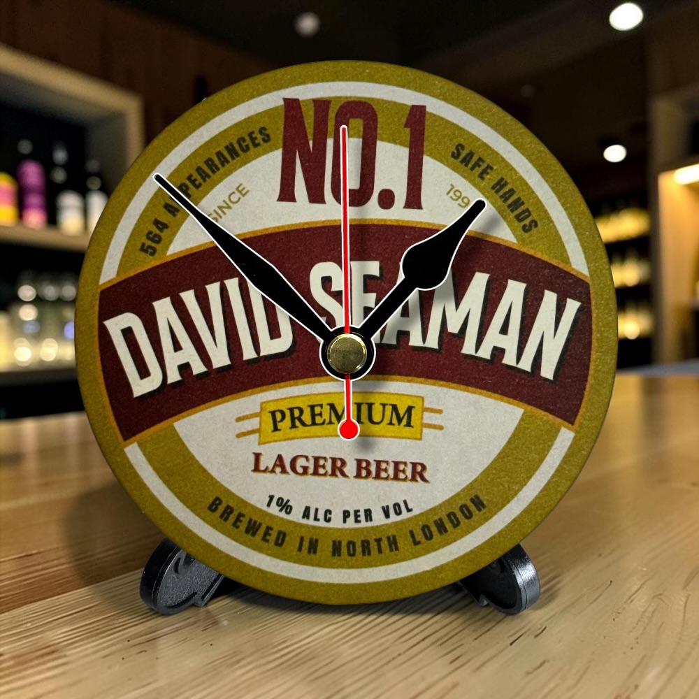Arsenal Novelty Upcycled Beer Mat Clocks With Display Stand – David Seaman