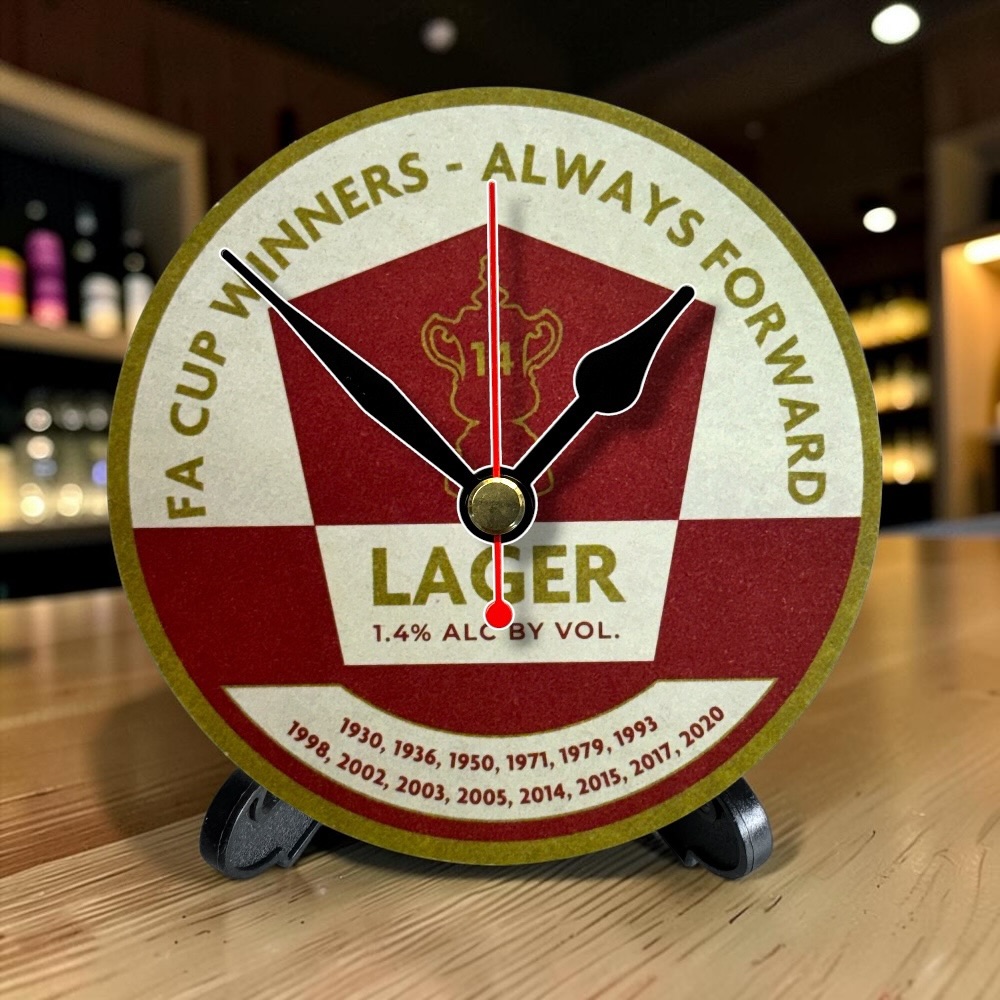 Arsenal Novelty Upcycled Beer Mat Clocks With Display Stand – Always Forward