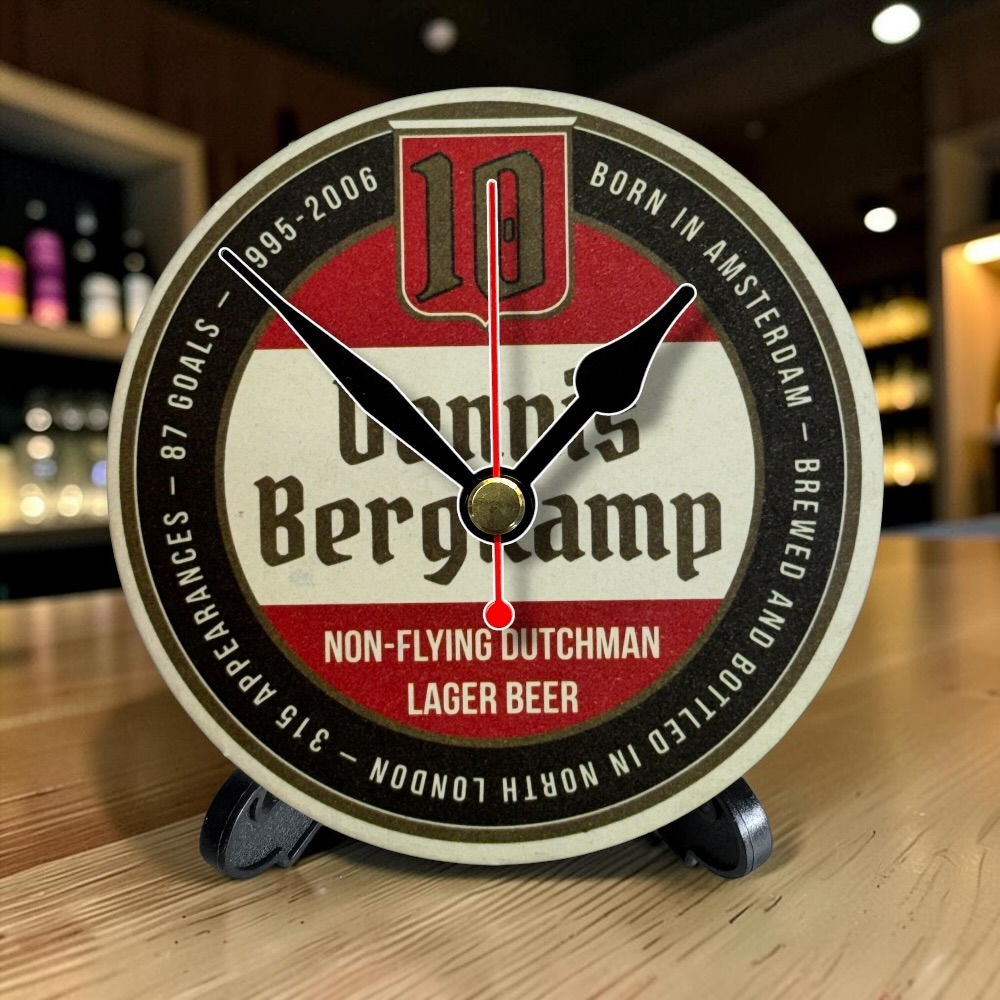 Arsenal Novelty Upcycled Beer Mat Clocks With Display Stand – Dennis Bergkamp