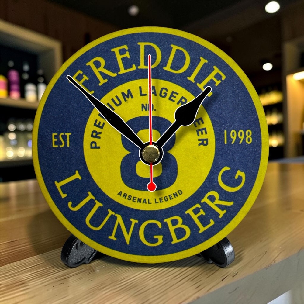 Arsenal Novelty Upcycled Beer Mat Clocks With Display Stand – Freddie Ljungberg