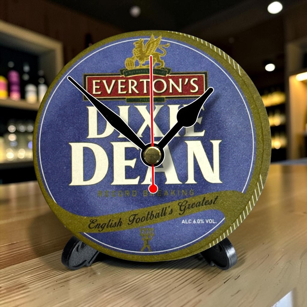 Everton Novelty Upcycled Beer Mat Clocks With Display Stand – Dixie Dean