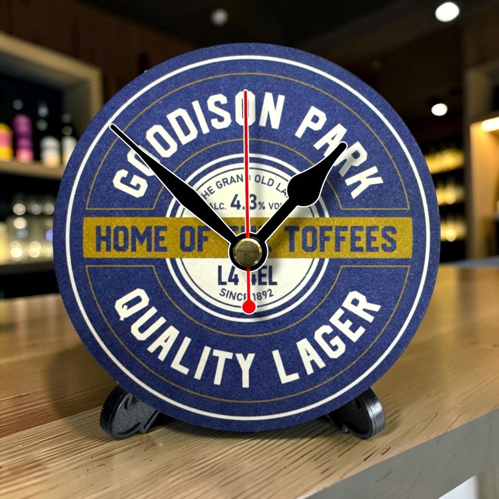 Everton Novelty Upcycled Beer Mat Clocks With Display Stand – Goodison Park