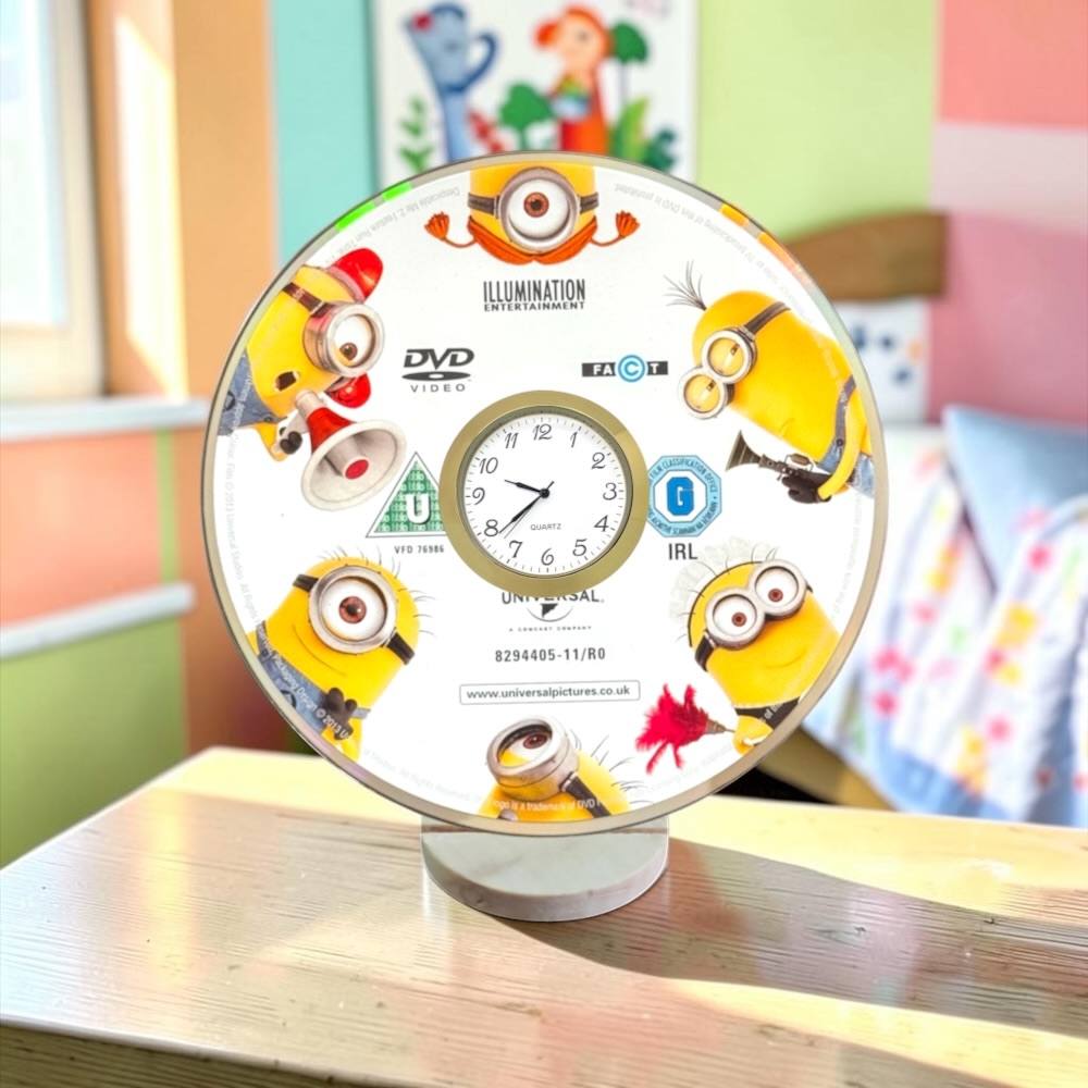 Novelty Desktop Uncycled DVD Clock With Fixed Gold Insert - Minion Disc 1