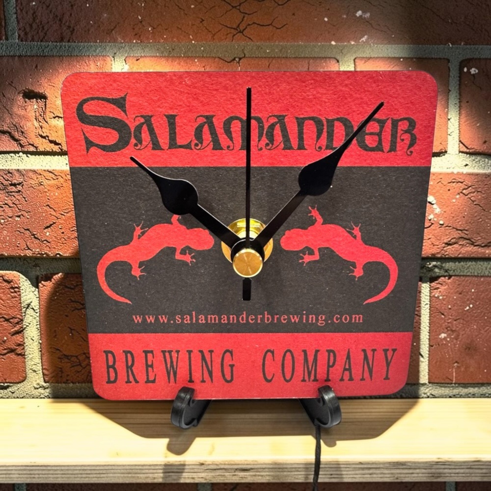 Upcycled Novelty Beer Mat Clock With Display Stand - Salamander Brewing Company