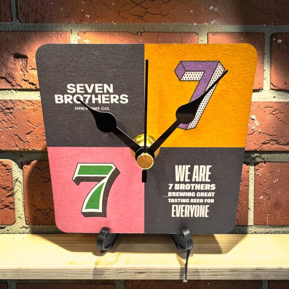 Upcycled Novelty Beer Mat Clock With Display Stand - Seven Brothers
