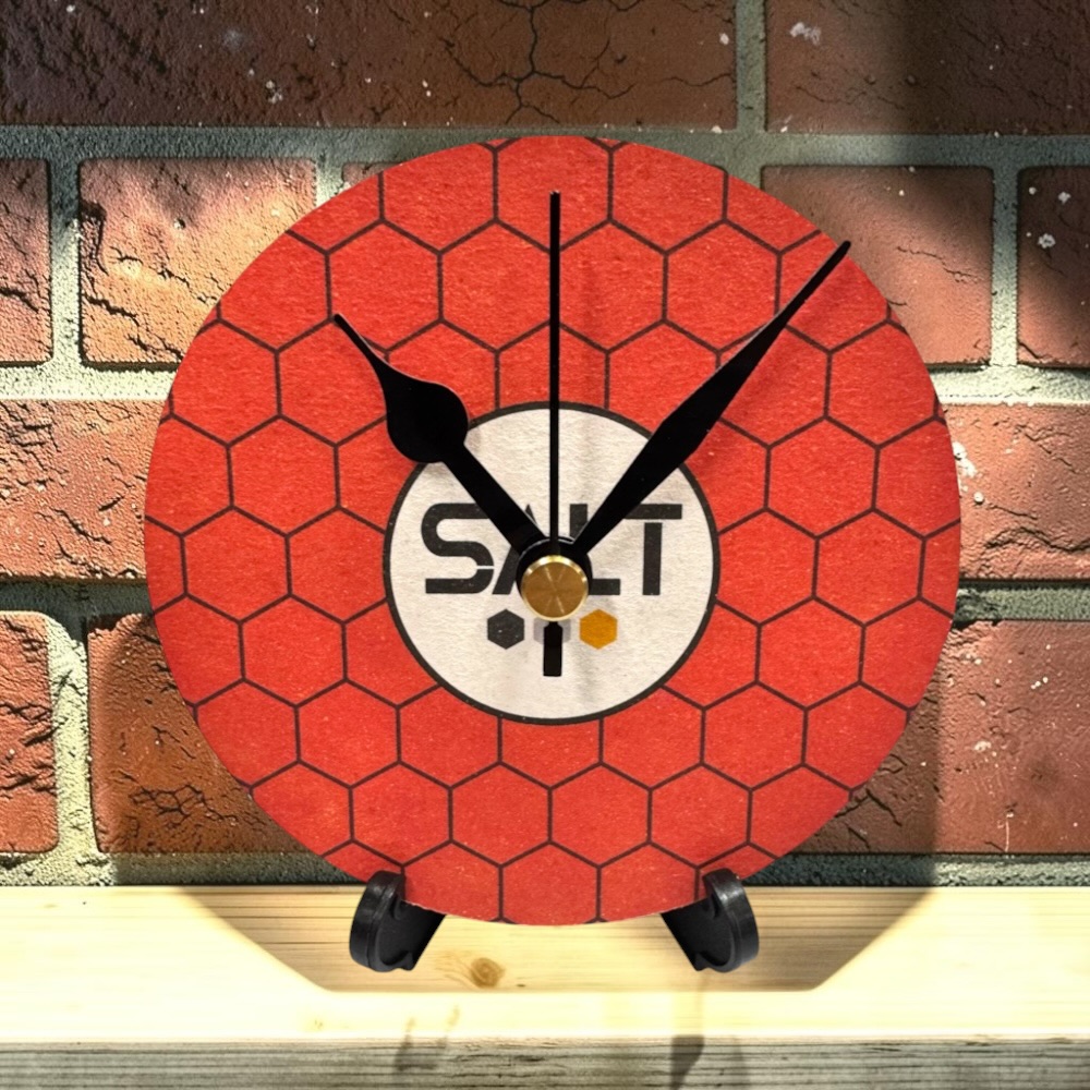 Upcycled Novelty Beer Mat Clock With Display Stand - Salt Beer Factory (Red)