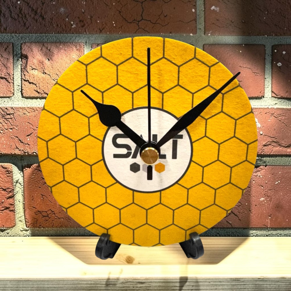 Upcycled Novelty Beer Mat Clock With Display Stand - Salt Beer Factory (Yellow)