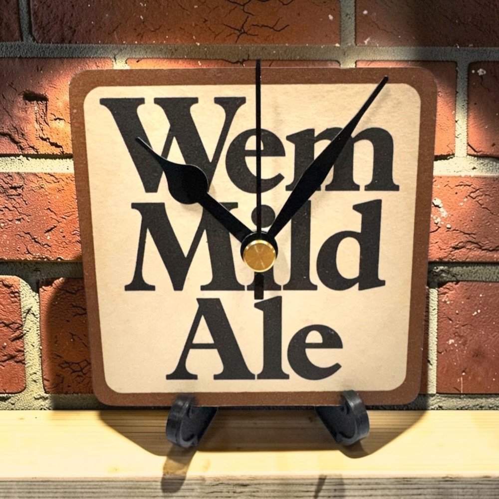 Upcycled Novelty Beer Mat Clock With Display Stand - Wem Mild Ale 01
