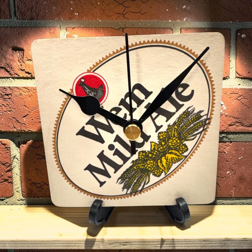 Upcycled Novelty Beer Mat Clock With Display Stand - Wem Mild Ale 02