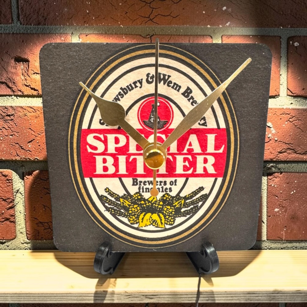 Upcycled Novelty Beer Mat Clock With Display Stand - Wem Special Bitter