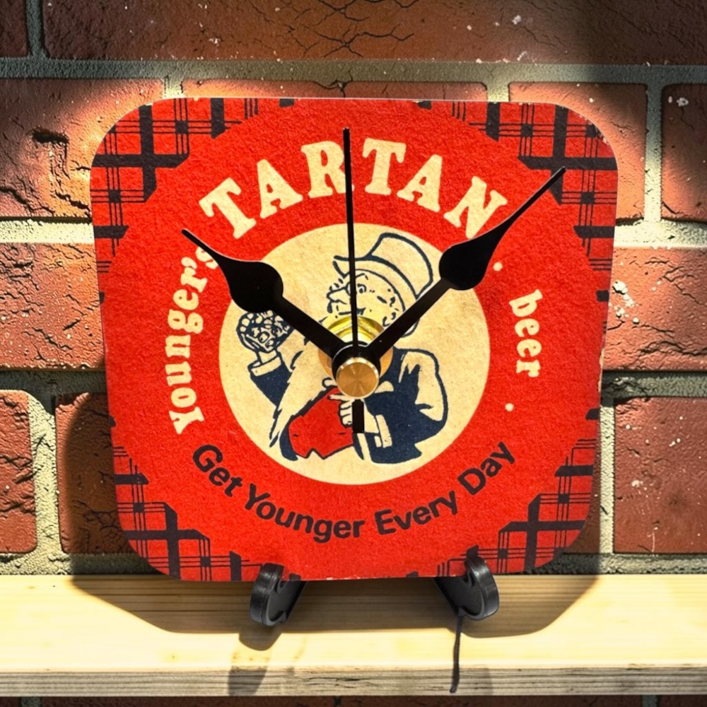 Upcycled Novelty Beer Mat Clock With Display Stand - Younger's Tartan
