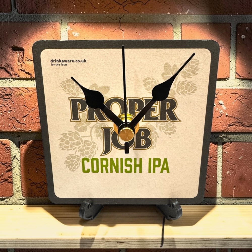 Upcycled Novelty Beer Mat Clock With Display Stand - Proper Job 02