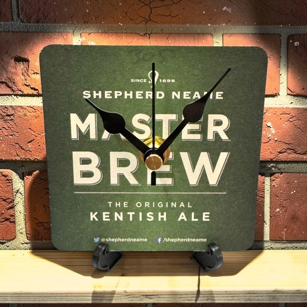 Upcycled Novelty Beer Mat Clock With Display Stand - Master Brew 01