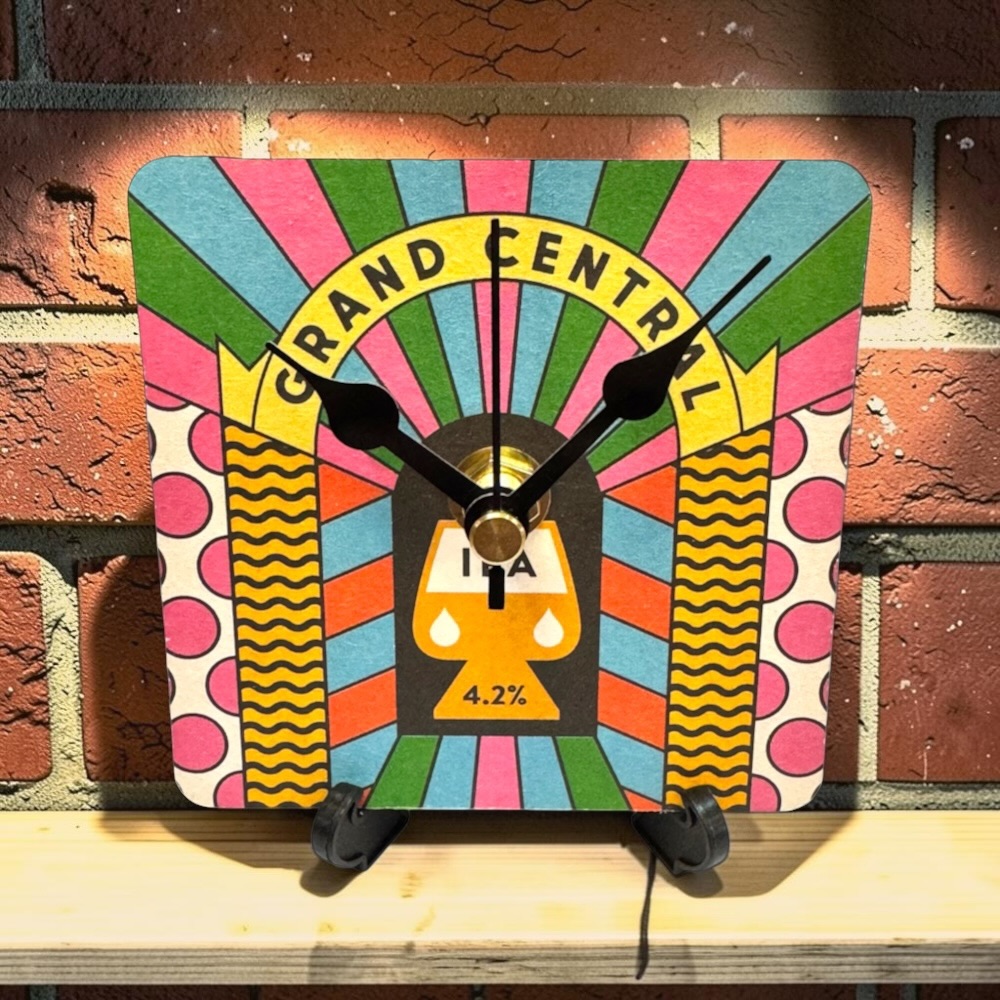 Upcycled Novelty Beer Mat Clock With Display Stand - Grand Central IPA
