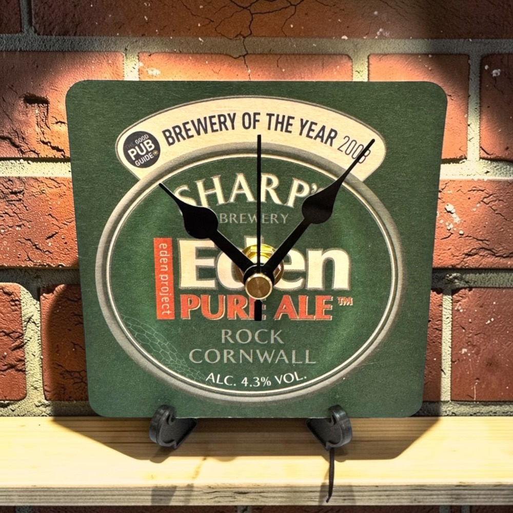 Upcycled Novelty Beer Mat Clock With Display Stand - Sharp's Eden