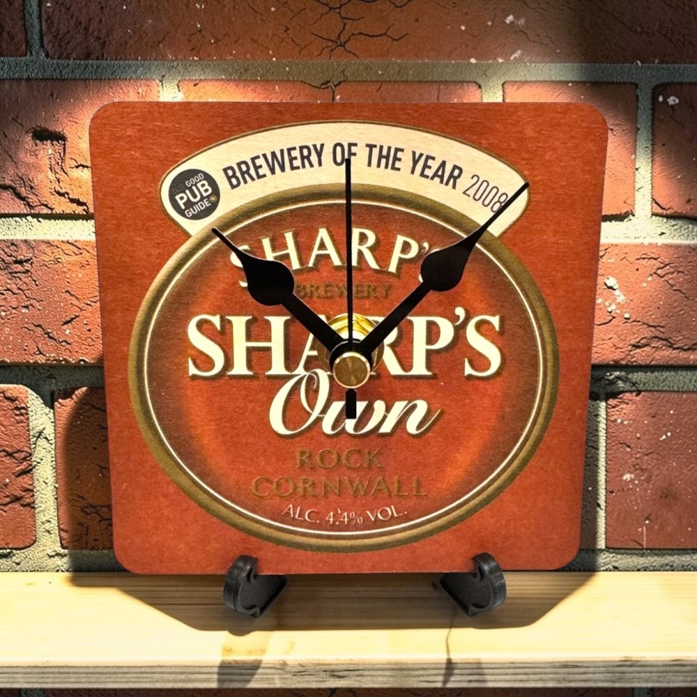 Upcycled Novelty Beer Mat Clock With Display Stand - Sharp's Own