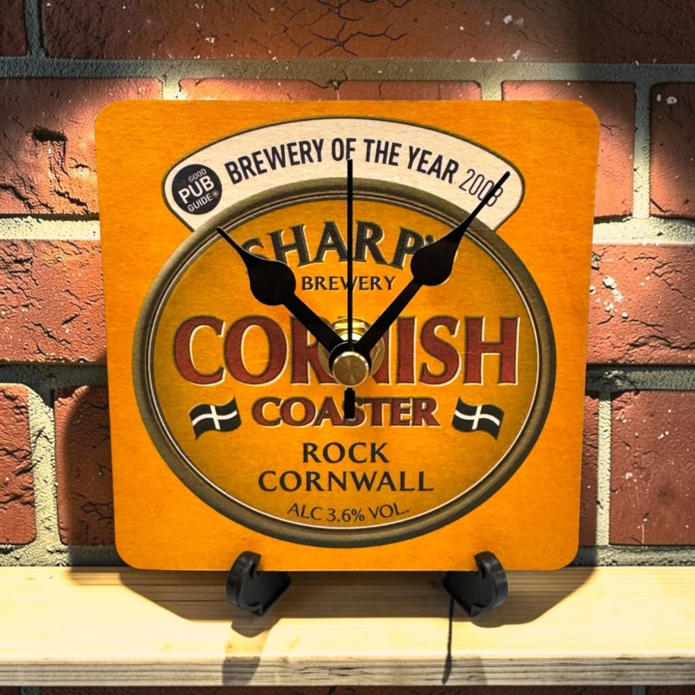 Upcycled Novelty Beer Mat Clock With Display Stand - Sharp's Cornish