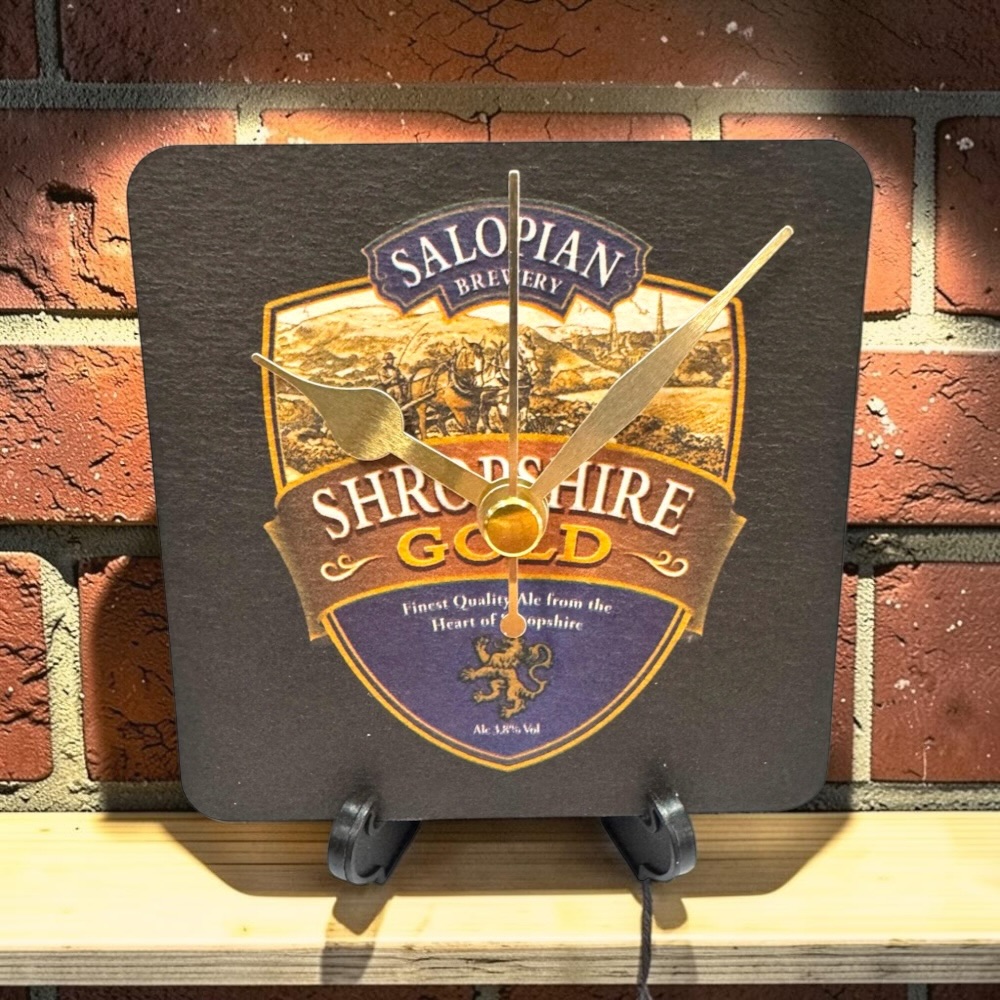 Upcycled Novelty Beer Mat Clock With Display Stand - Shropshire Gold