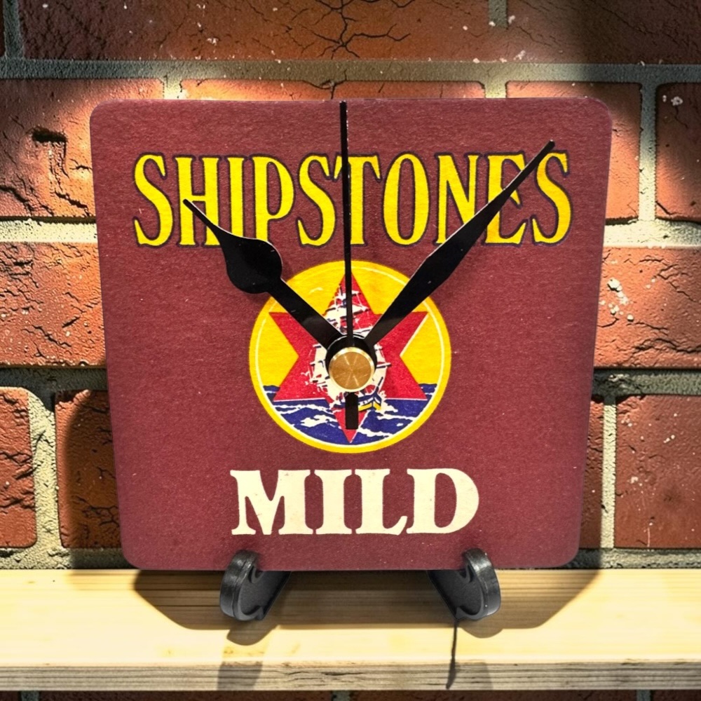 Upcycled Novelty Beer Mat Clock With Display Stand - Shipstones Mild