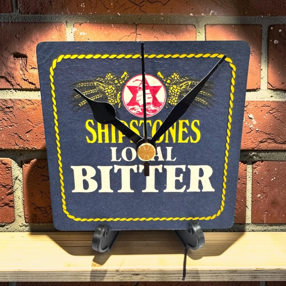Upcycled Novelty Beer Mat Clock With Display Stand - Shipstones Local Bitter 01