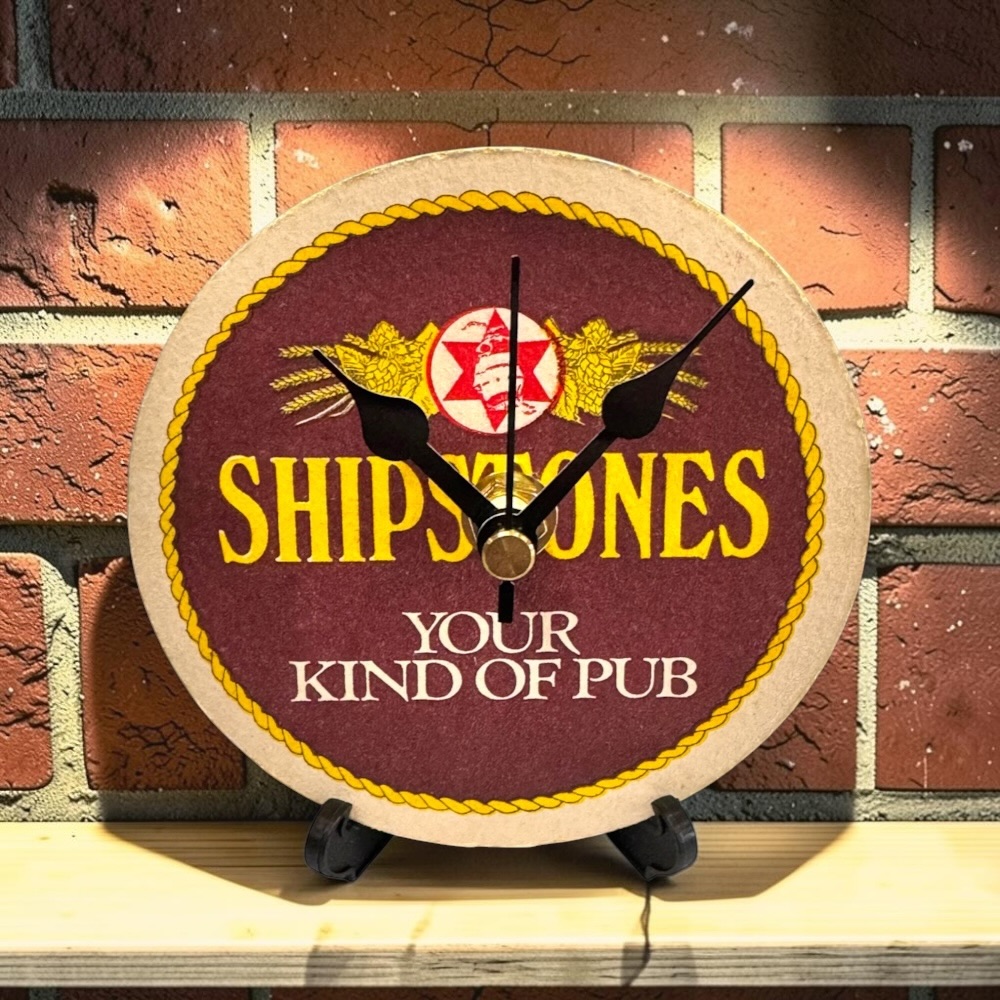 Upcycled Novelty Beer Mat Clock With Display Stand - Shipstones 02