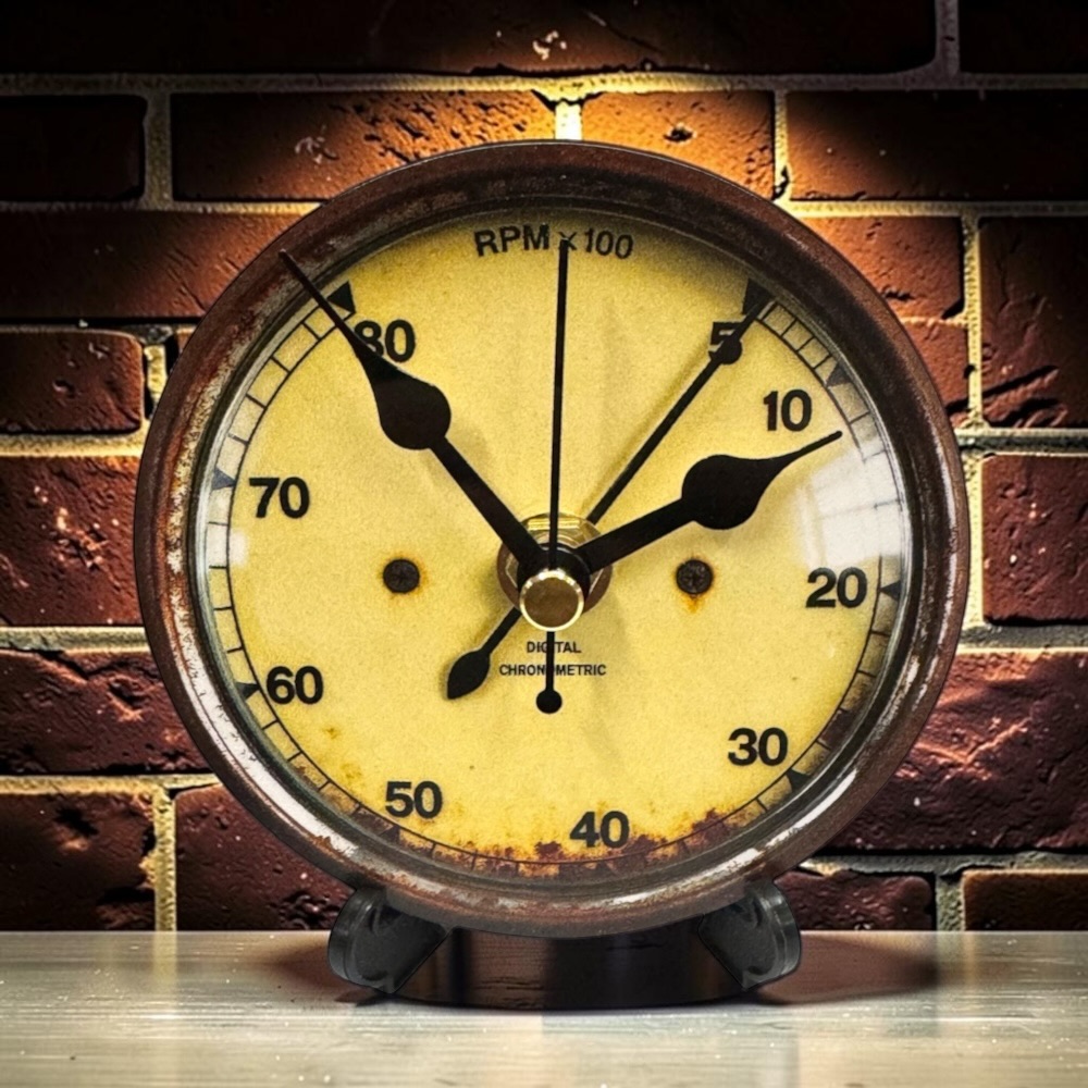 Retro Car Speedometer 90mm Wooden Desk Clock – Open-Face Vintage Dashboard Table Clock with Stand Design 2