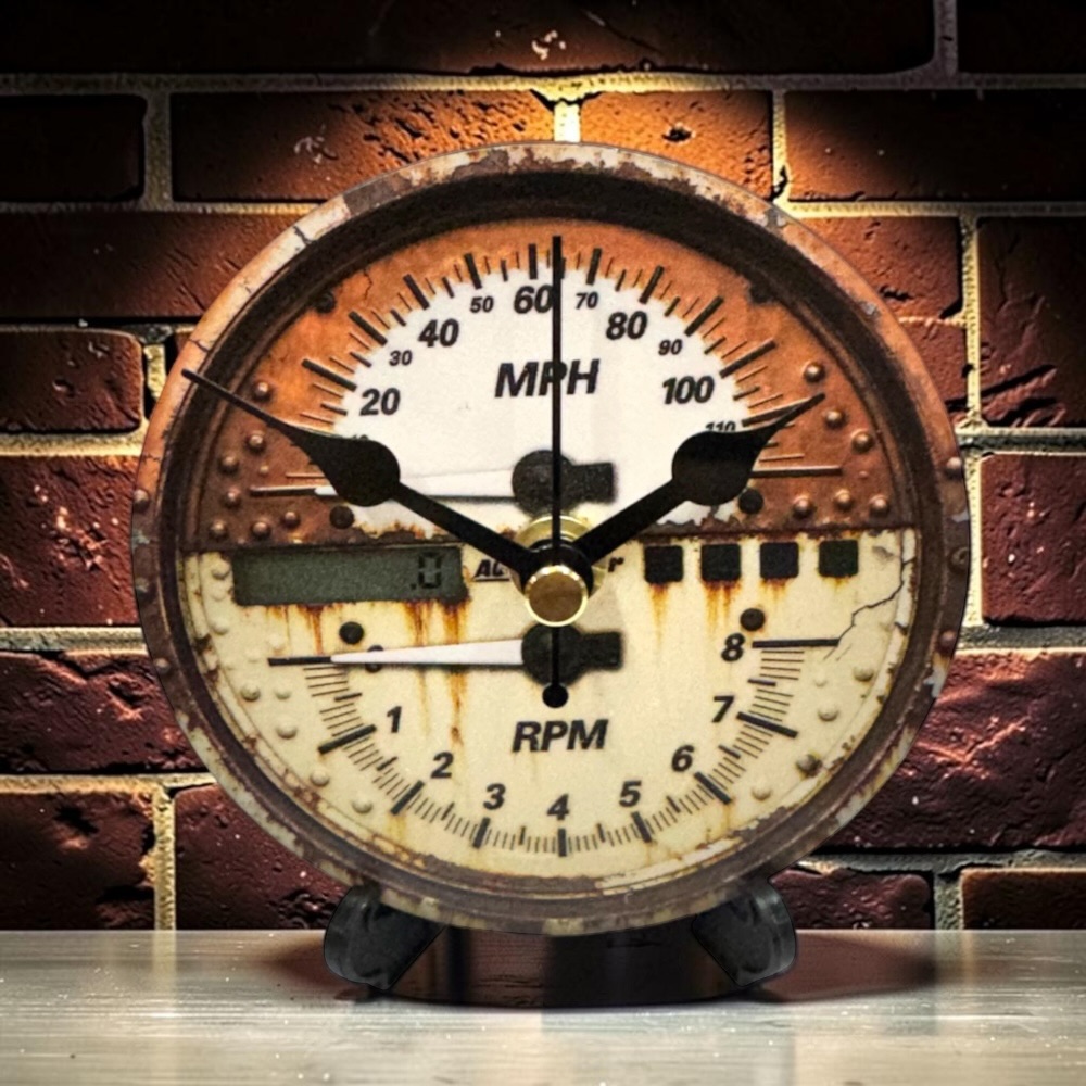 Retro Car Speedometer 90mm Wooden Desk Clock – Open-Face Vintage Dashboard Table Clock with Stand Design 3