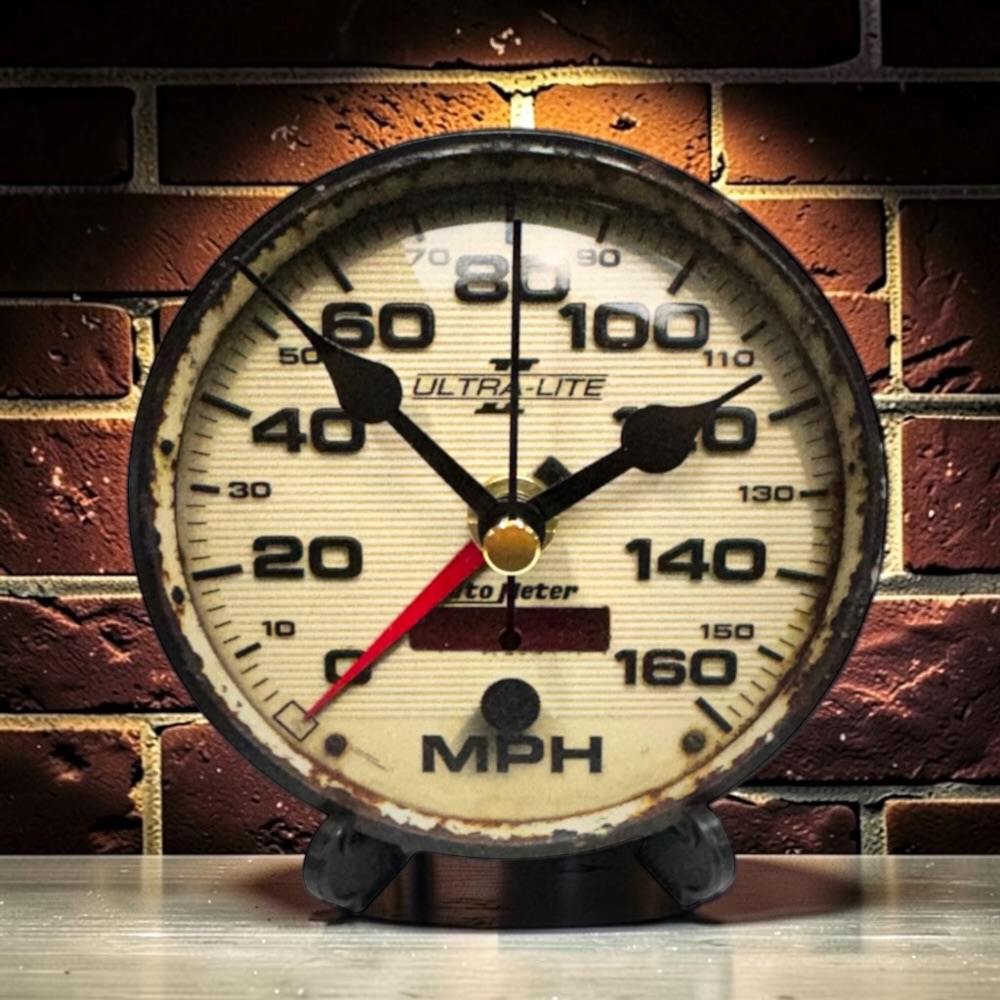 Retro Car Speedometer 90mm Wooden Desk Clock – Open-Face Vintage Dashboard Table Clock with Stand Design 7