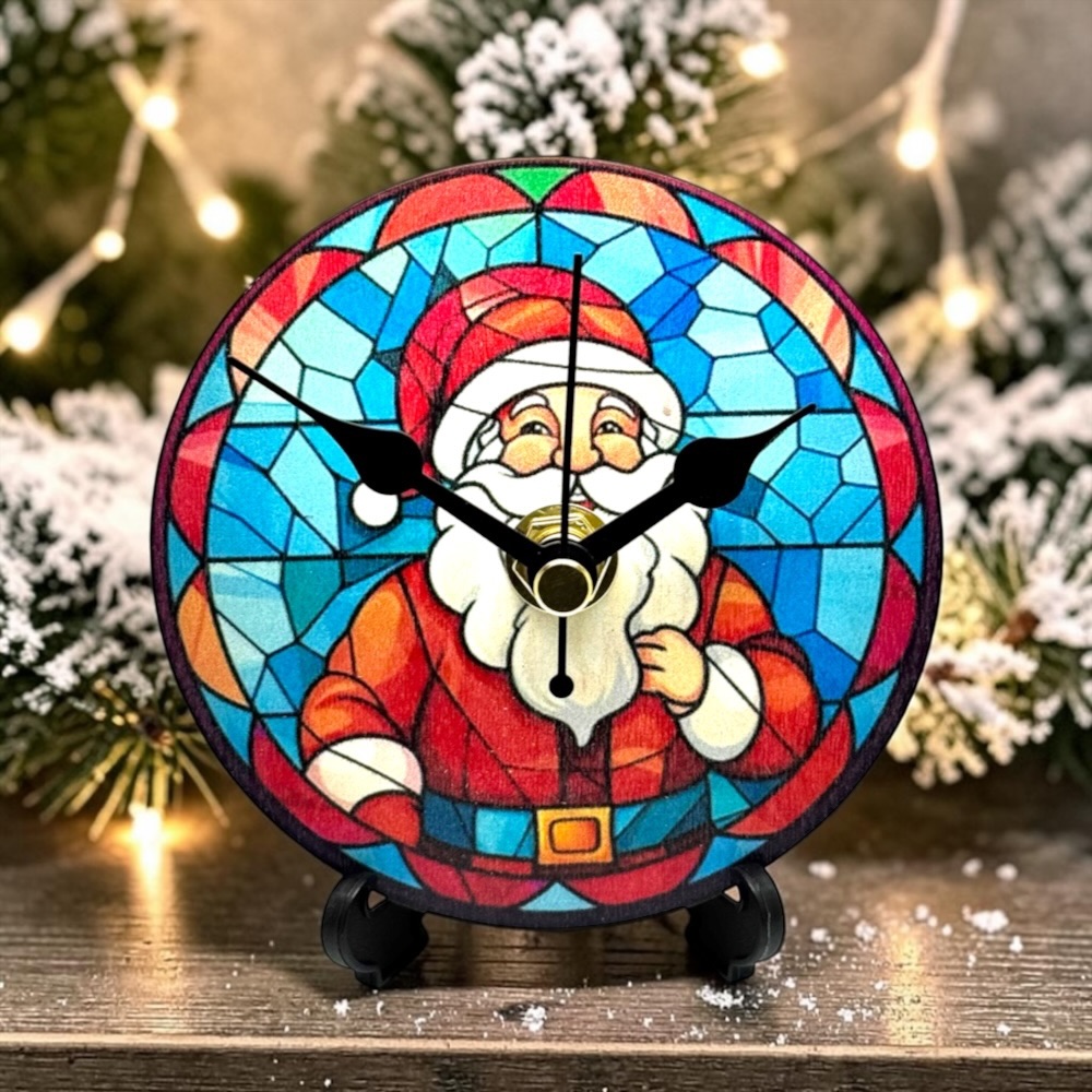 98mm Round Wooden Christmas Desk Clock with Stand – Silent Non-Ticking Holiday Decor - Design 1