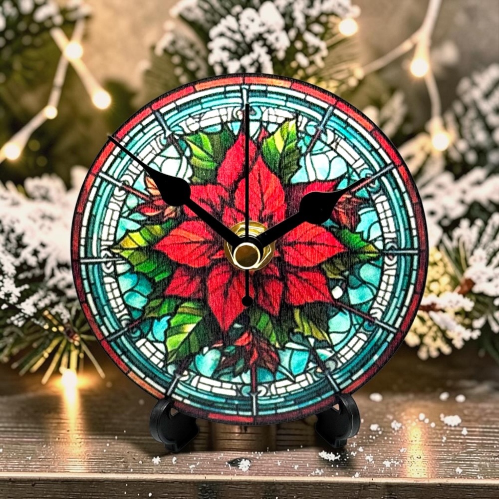 98mm Round Wooden Christmas Desk Clock with Stand – Silent Non-Ticking Holiday Decor - Design 2