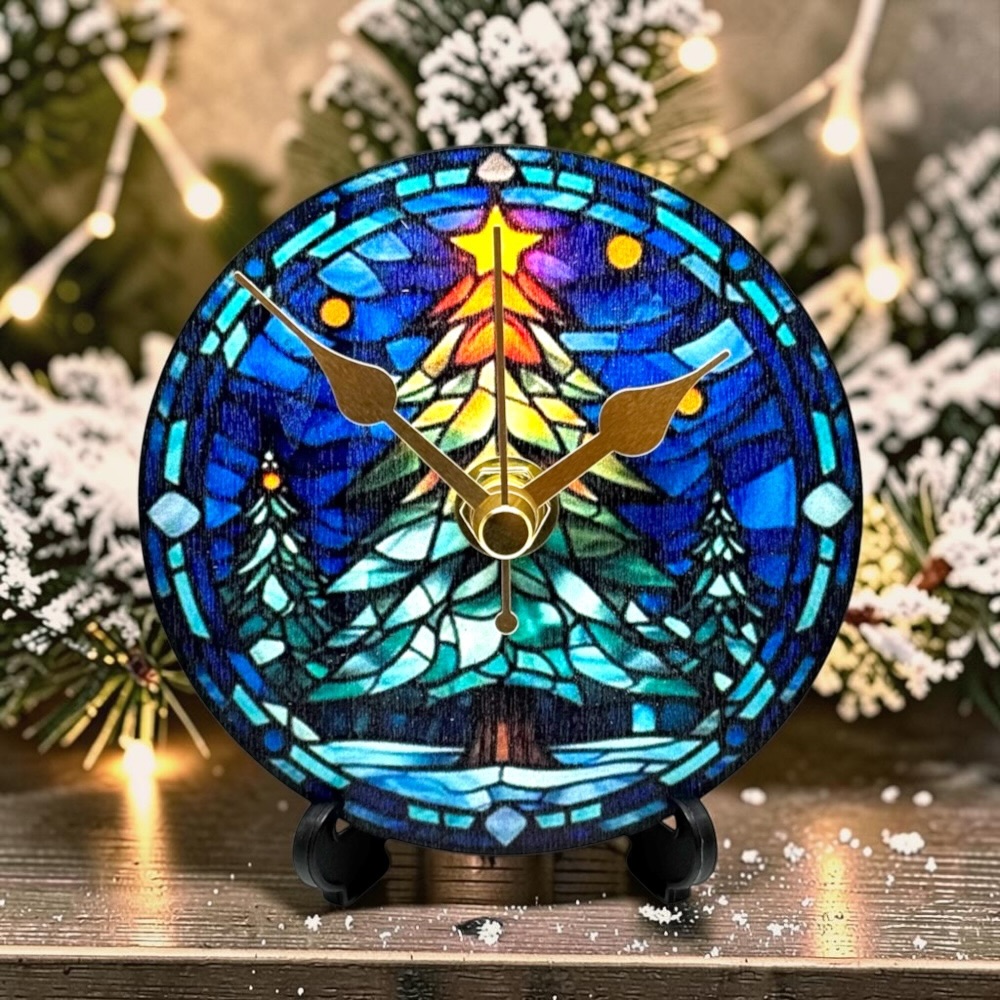 98mm Round Wooden Christmas Desk Clock with Stand – Silent Non-Ticking Holiday Decor - Design 4
