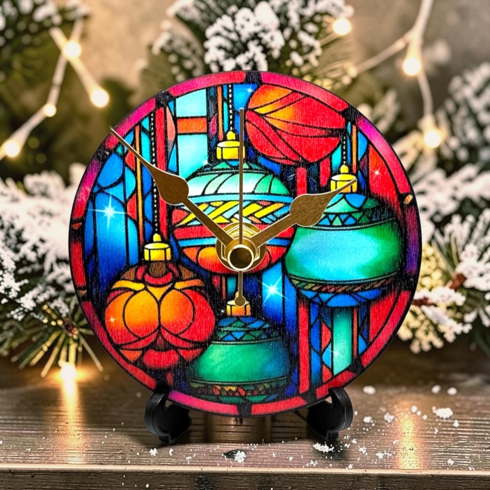 98mm Round Wooden Christmas Desk Clock with Stand – Silent Non-Ticking Holiday Decor - Design 3